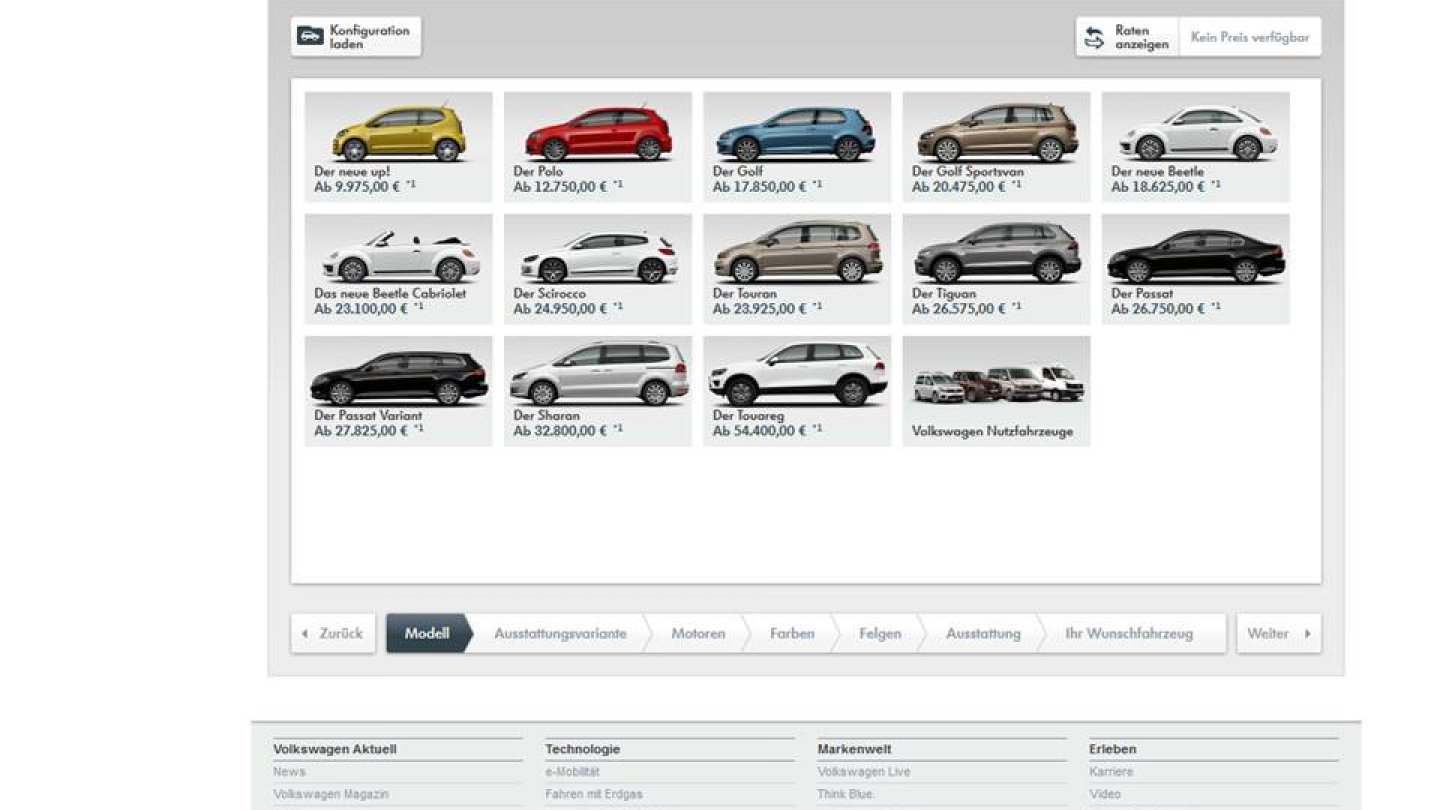 Screenshot des VW-Onlinekonfiguators. Jetta und CC sind schon nicht mehr aufgeführt.