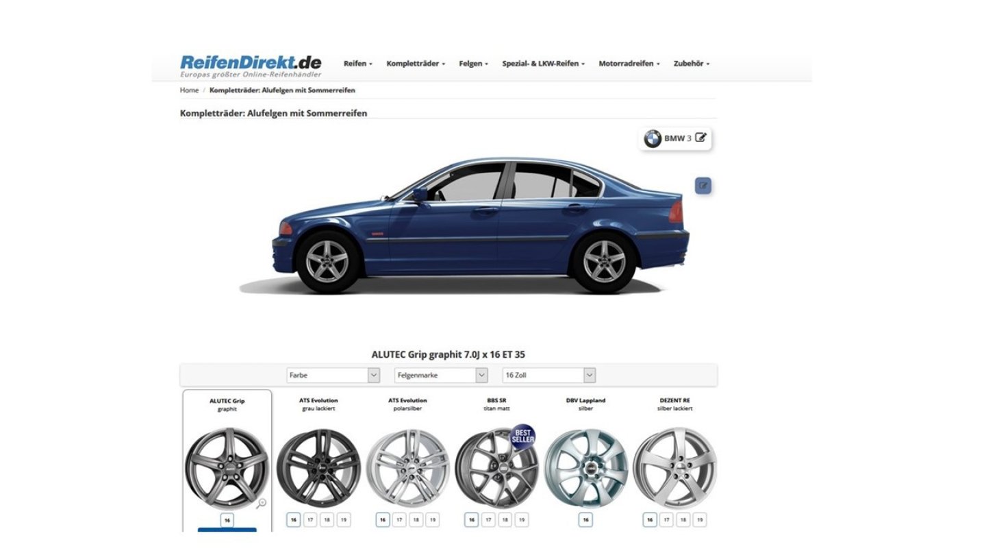 Für fast jedes Auto zeigt der Onlinekonfigurator Felgen und Reifen.